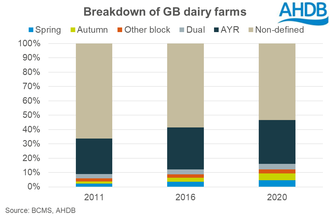 Graph showing dairy farms in Great Britain by calving system from 2011 to 2020
